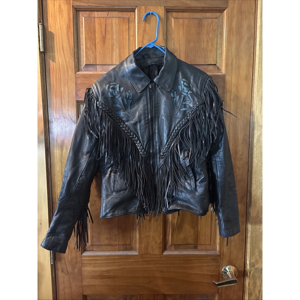 Vintage Rose Fringe Motorcycle Women’s Jacket Black Leather Embroidered S
